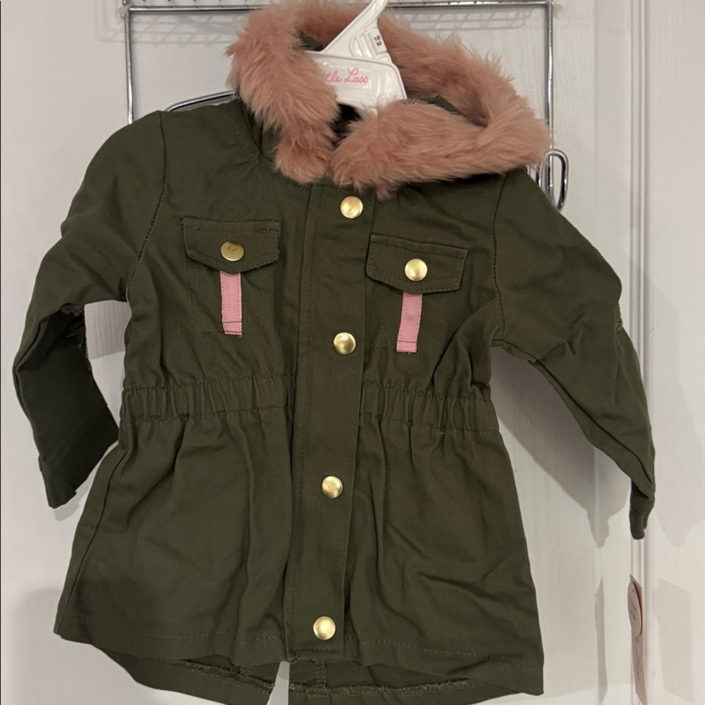 Little Lass Toddler Girls Faux Fur Hood Jacket 18M Green Pink NWT